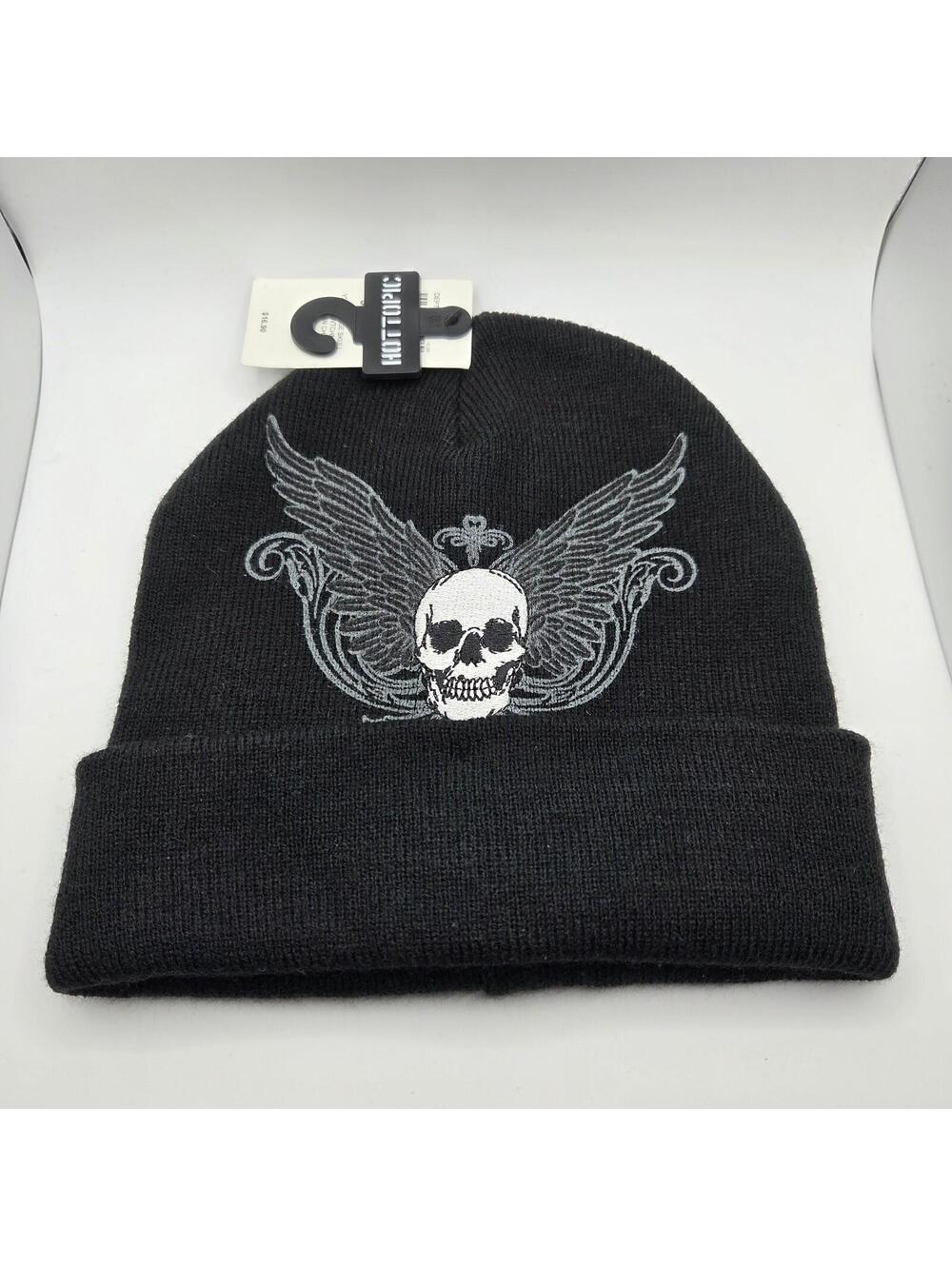 Hot Topic Beanie Y2K Grunge Skull Wings Cross Black Punk NWT